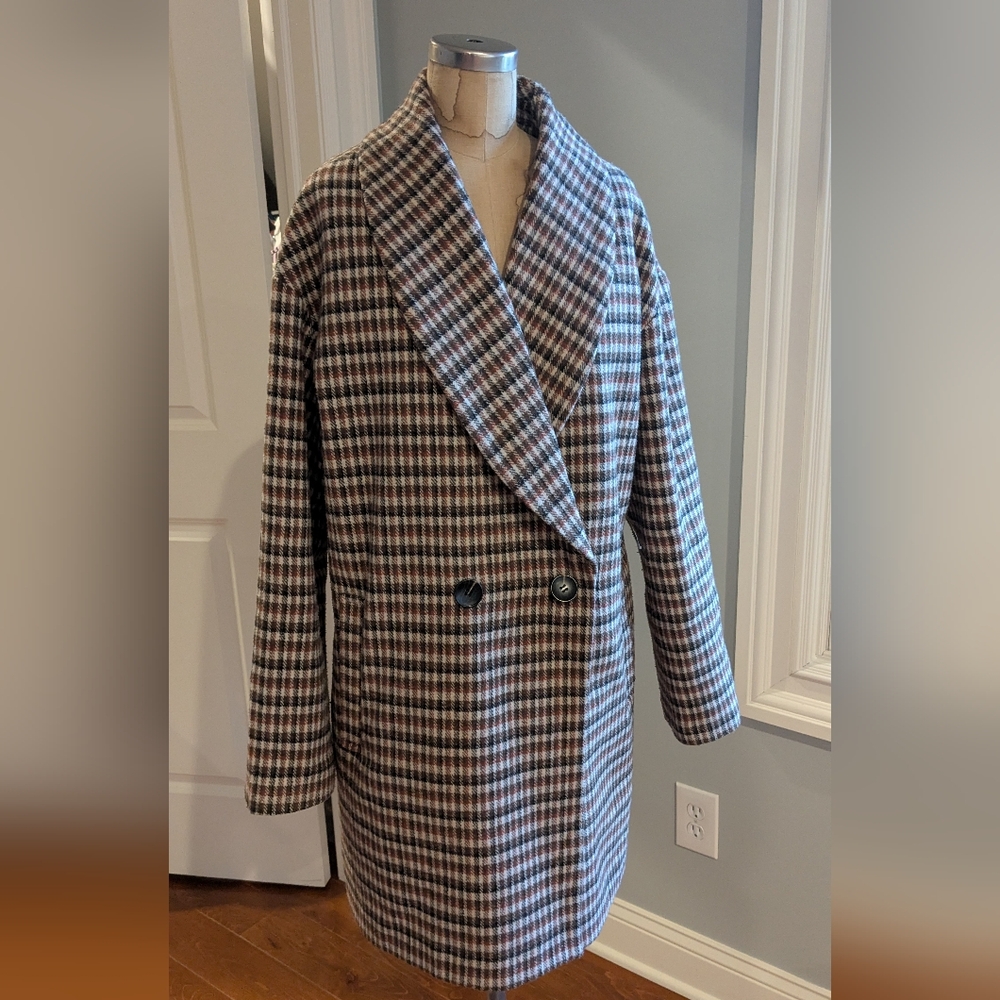 Avec Les Filles  Checkered Double-Breasted Wool Pea Coat